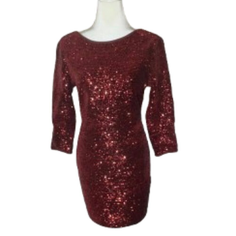 Fashion Nova Ladies Sequins Long Sleeve Maroon Dress Size Small